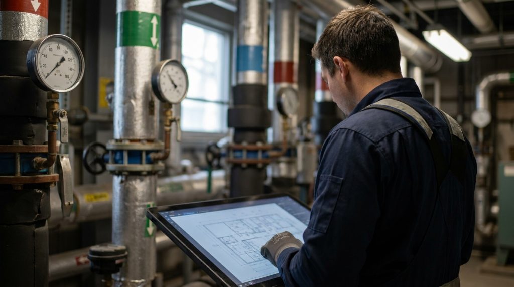 Engineer reviewing plans in plant room