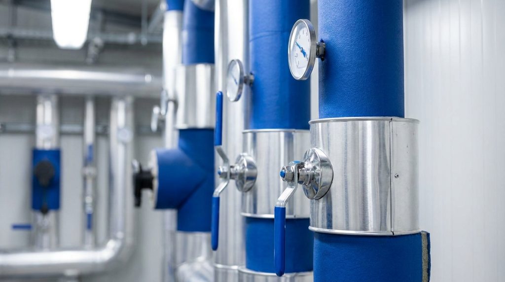 Insulated chilled water pipework with gauges