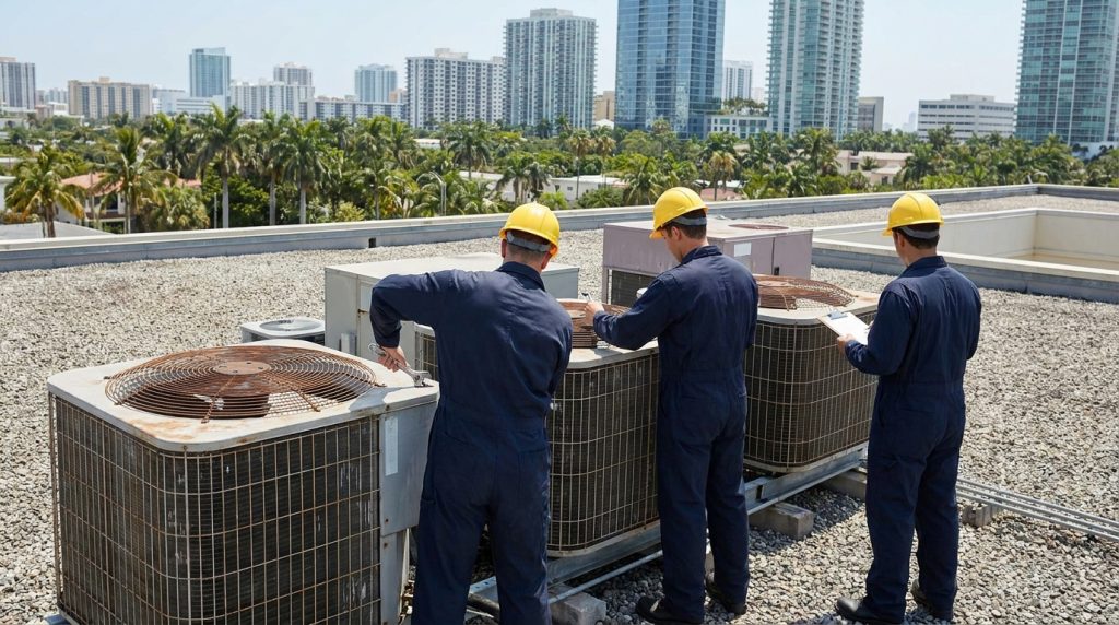 Technicians servicing rooftop condenser units
